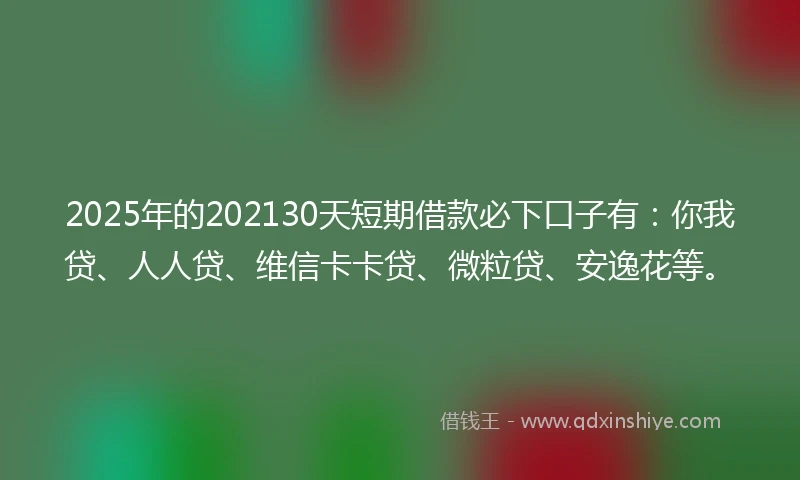 2025年的202130天短期借款必下口子有：你我贷、人人贷、维信卡卡贷、微粒贷、安逸花等。