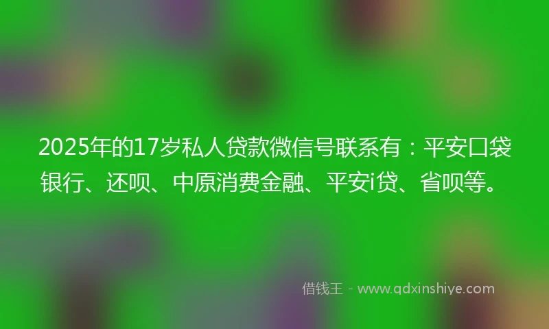 2025年的17岁私人贷款微信号联系有：平安口袋银行、还呗、中原消费金融、平安i贷、省呗等。