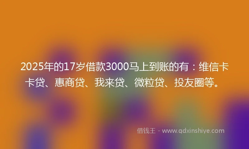 2025年的17岁借款3000马上到账的有：维信卡卡贷、惠商贷、我来贷、微粒贷、投友圈等。