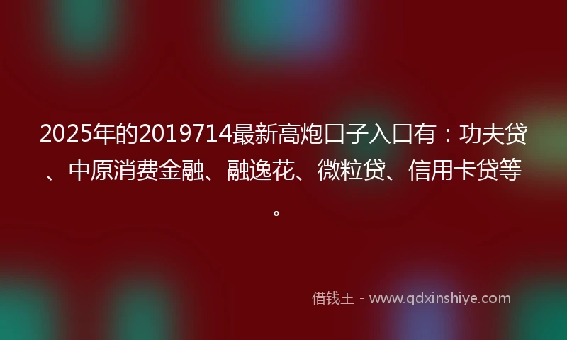 2025年的2019714最新高炮口子入口有：功夫贷、中原消费金融、融逸花、微粒贷、信用卡贷等。
