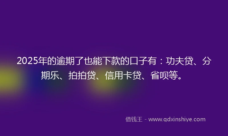 2025年的逾期了也能下款的口子有：功夫贷、分期乐、拍拍贷、信用卡贷、省呗等。