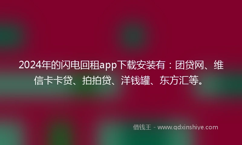 2024年的闪电回租app下载安装有：团贷网、维信卡卡贷、拍拍贷、洋钱罐、东方汇等。