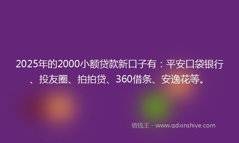 2025年的2000小额贷款新口子有：平安口袋银行、投友圈、拍拍贷、360借条、安逸花等。