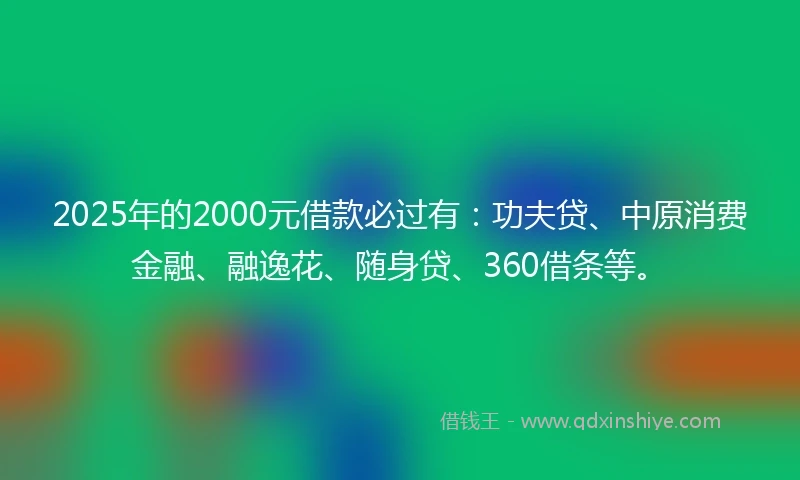 2025年的2000元借款必过有：功夫贷、中原消费金融、融逸花、随身贷、360借条等。