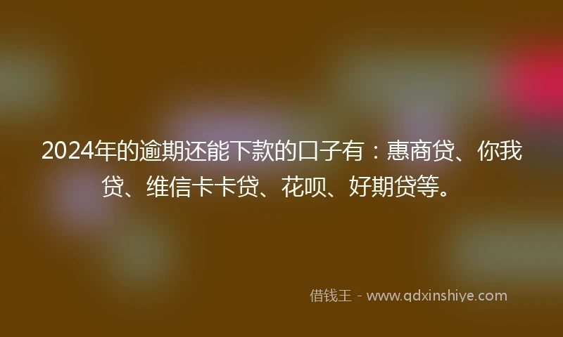 2024年的逾期还能下款的口子有：惠商贷、你我贷、维信卡卡贷、花呗、好期贷等。