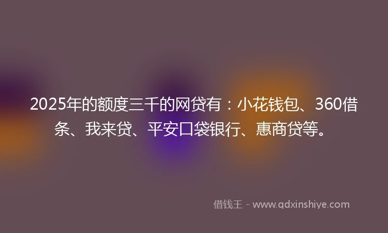 2025年的额度三千的网贷有：小花钱包、360借条、我来贷、平安口袋银行、惠商贷等。