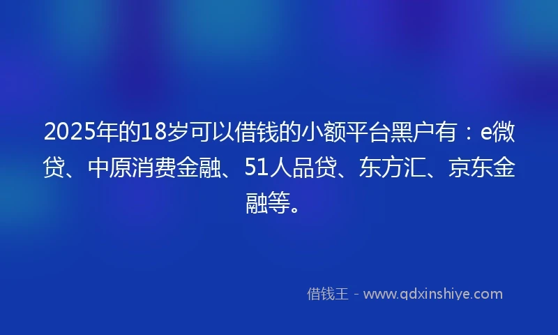 2025年的18岁可以借钱的小额平台黑户有：e微贷、中原消费金融、51人品贷、东方汇、京东金融等。