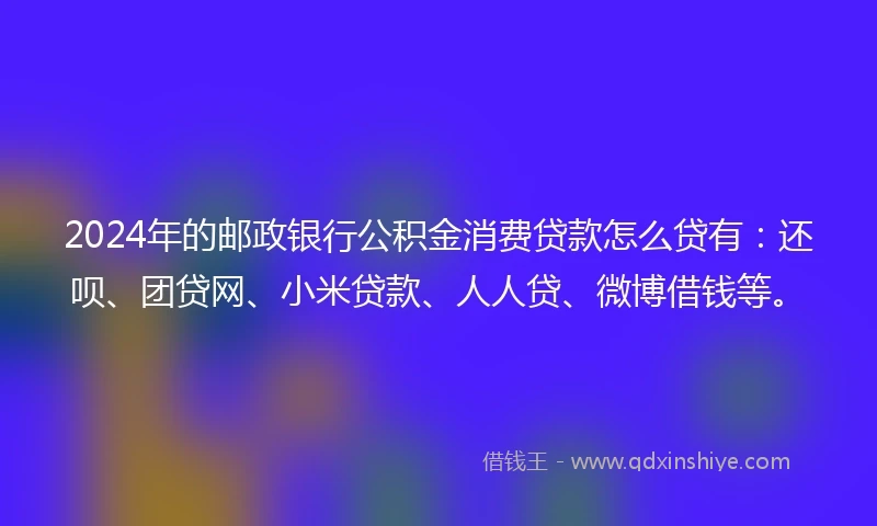 2024年的邮政银行公积金消费贷款怎么贷有：还呗、团贷网、小米贷款、人人贷、微博借钱等。