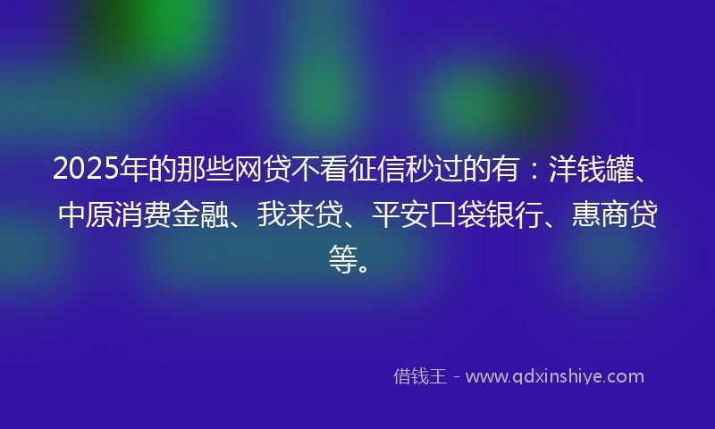 2025年的那些网贷不看征信秒过的有：洋钱罐、中原消费金融、我来贷、平安口袋银行、惠商贷等。