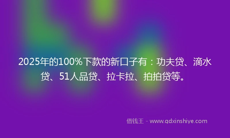 2025年的100%下款的新口子有：功夫贷、滴水贷、51人品贷、拉卡拉、拍拍贷等。