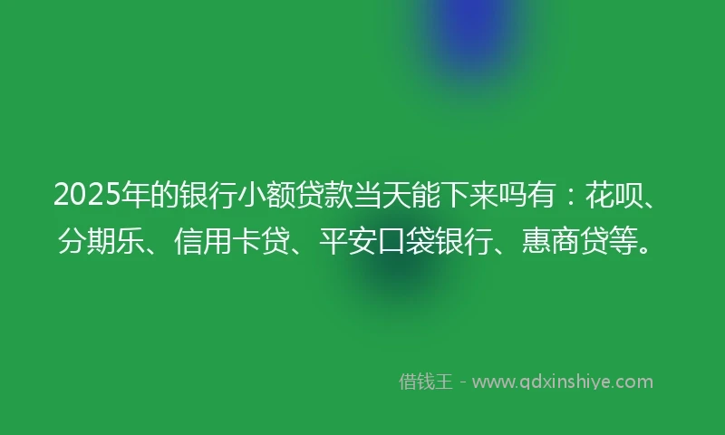 2025年的银行小额贷款当天能下来吗有：花呗、分期乐、信用卡贷、平安口袋银行、惠商贷等。