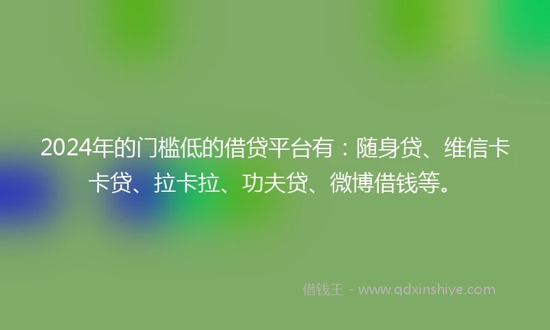 2024年的门槛低的借贷平台有：随身贷、维信卡卡贷、拉卡拉、功夫贷、微博借钱等。