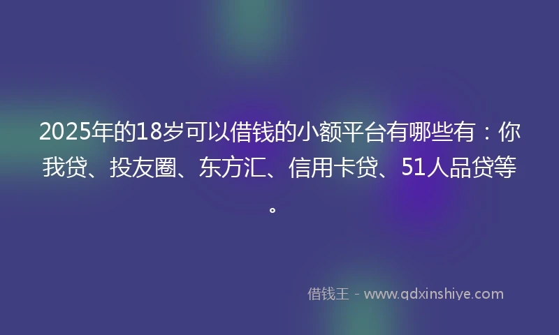 2025年的18岁可以借钱的小额平台有哪些有：你我贷、投友圈、东方汇、信用卡贷、51人品贷等。