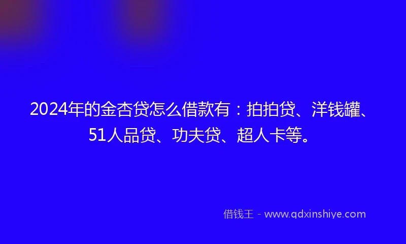 2024年的金杏贷怎么借款有：拍拍贷、洋钱罐、51人品贷、功夫贷、超人卡等。