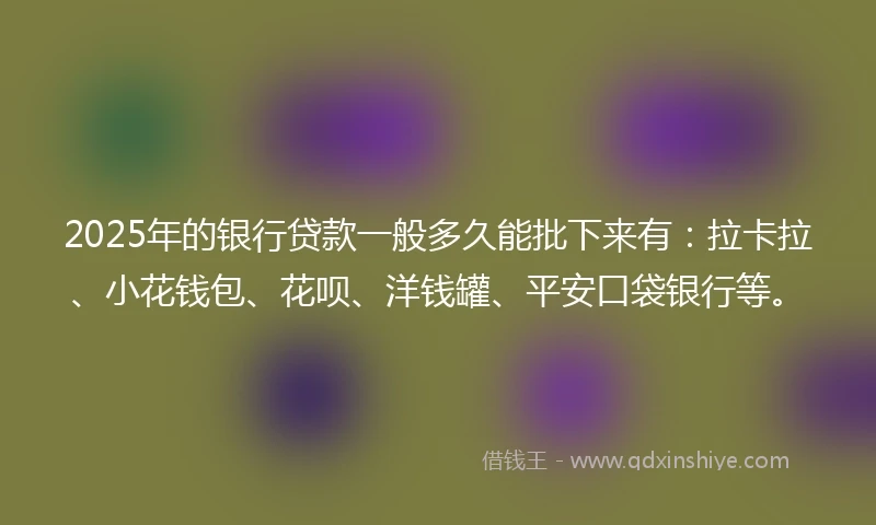 2025年的银行贷款一般多久能批下来有：拉卡拉、小花钱包、花呗、洋钱罐、平安口袋银行等。