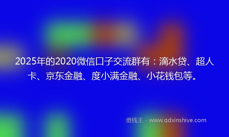 2025年的2020微信口子交流群有：滴水贷、超人卡、京东金融、度小满金融、小花钱包等。