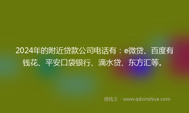 2024年的附近贷款公司电话有：e微贷、百度有钱花、平安口袋银行、滴水贷、东方汇等。