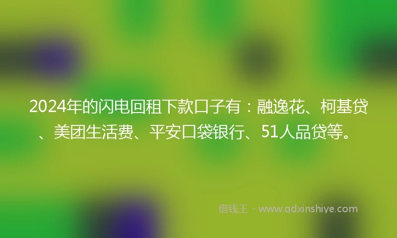 2024年的闪电回租下款口子有：融逸花、柯基贷、美团生活费、平安口袋银行、51人品贷等。
