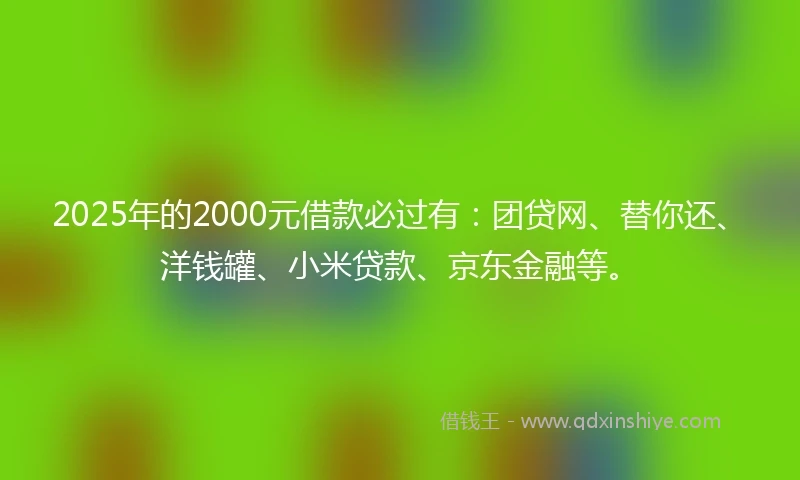 2025年的2000元借款必过有：团贷网、替你还、洋钱罐、小米贷款、京东金融等。