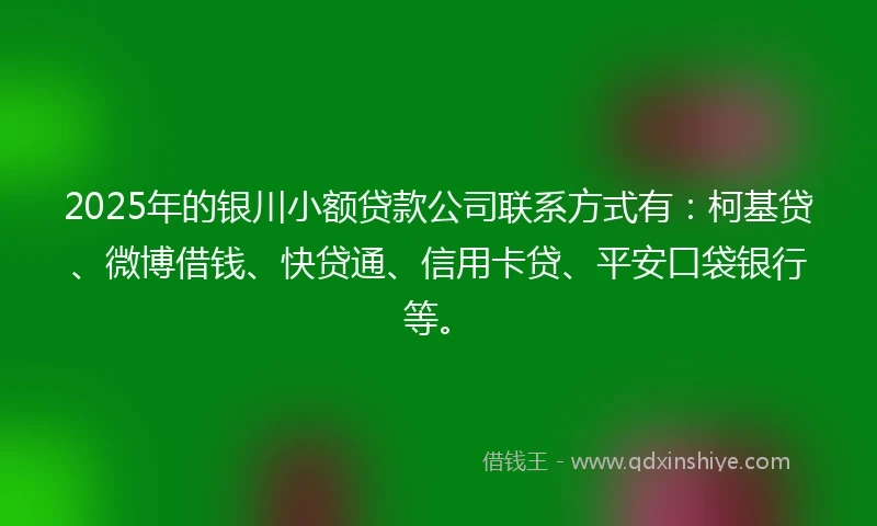 2025年的银川小额贷款公司联系方式有：柯基贷、微博借钱、快贷通、信用卡贷、平安口袋银行等。