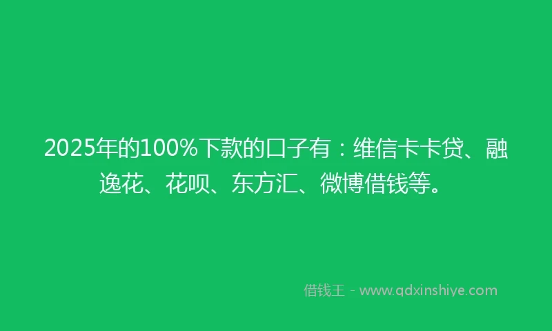 2025年的100%下款的口子有：维信卡卡贷、融逸花、花呗、东方汇、微博借钱等。