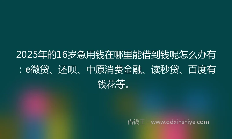 2025年的16岁急用钱在哪里能借到钱呢怎么办有：e微贷、还呗、中原消费金融、读秒贷、百度有钱花等。