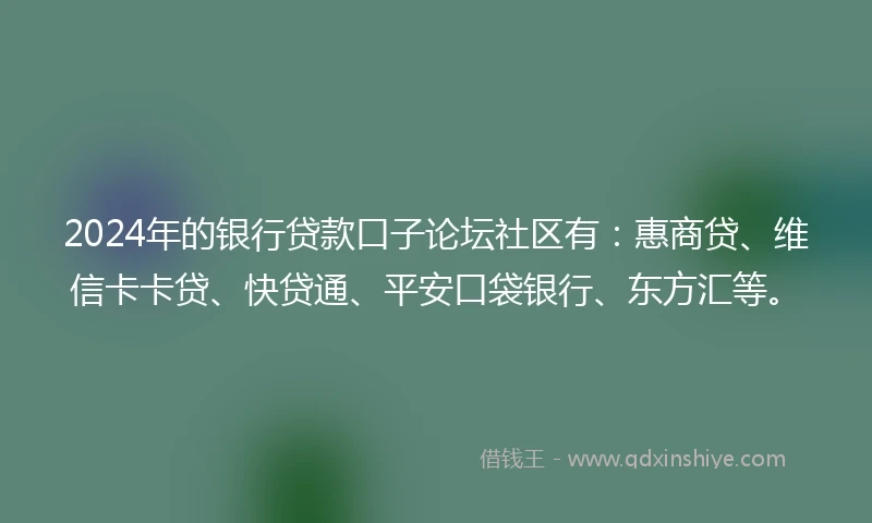 2024年的银行贷款口子论坛社区有：惠商贷、维信卡卡贷、快贷通、平安口袋银行、东方汇等。
