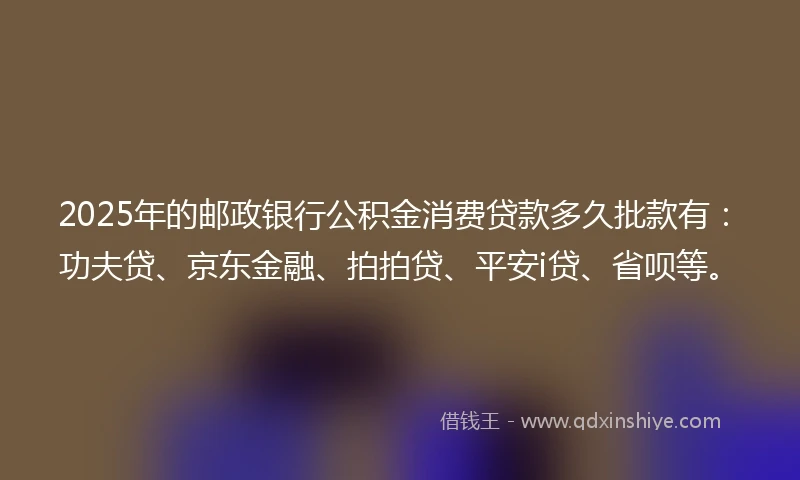 2025年的邮政银行公积金消费贷款多久批款有：功夫贷、京东金融、拍拍贷、平安i贷、省呗等。