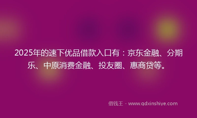 2025年的速下优品借款入口有：京东金融、分期乐、中原消费金融、投友圈、惠商贷等。