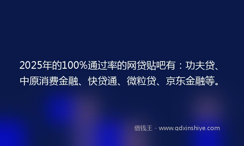 2025年的100%通过率的网贷贴吧有：功夫贷、中原消费金融、快贷通、微粒贷、京东金融等。