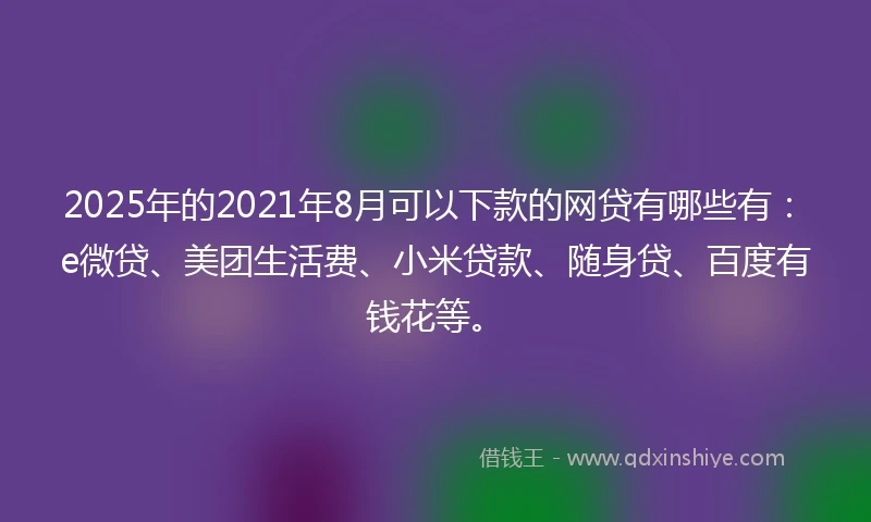 2025年的2021年8月可以下款的网贷有哪些有：e微贷、美团生活费、小米贷款、随身贷、百度有钱花等。
