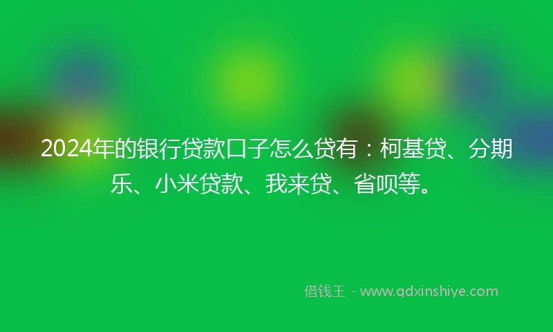 2024年的银行贷款口子怎么贷有：柯基贷、分期乐、小米贷款、我来贷、省呗等。