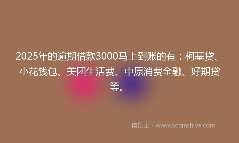 2025年的逾期借款3000马上到账的有：柯基贷、小花钱包、美团生活费、中原消费金融、好期贷等。