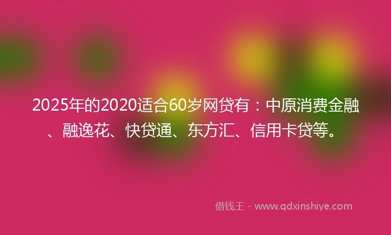 2025年的2020适合60岁网贷有：中原消费金融、融逸花、快贷通、东方汇、信用卡贷等。