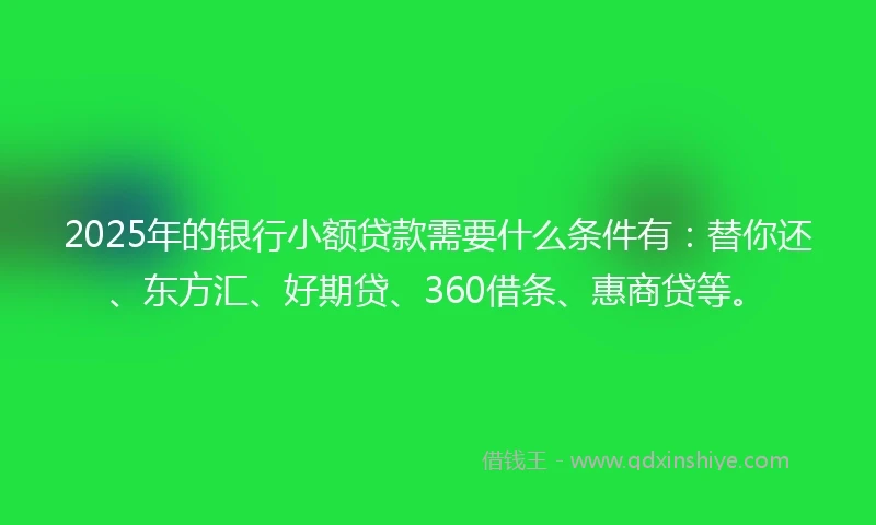 2025年的银行小额贷款需要什么条件有：替你还、东方汇、好期贷、360借条、惠商贷等。