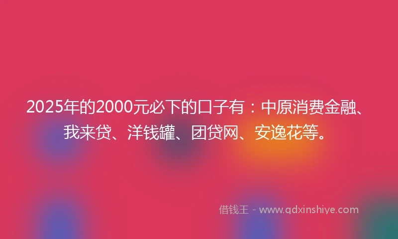 2025年的2000元必下的口子有：中原消费金融、我来贷、洋钱罐、团贷网、安逸花等。