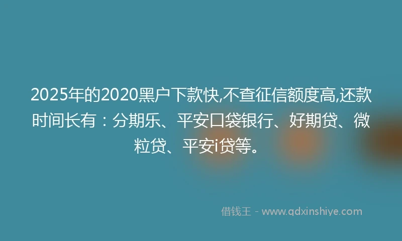 2025年的2020黑户下款快,不查征信额度高,还款时间长有：分期乐、平安口袋银行、好期贷、微粒贷、平安i贷等。