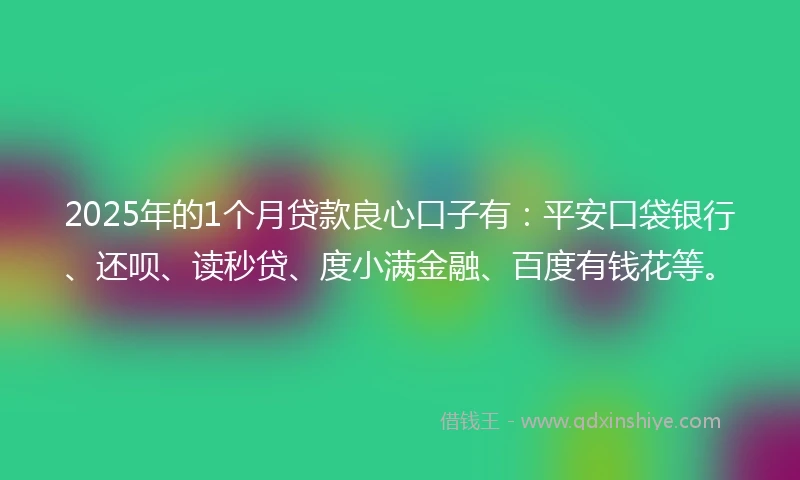 2025年的1个月贷款良心口子有：平安口袋银行、还呗、读秒贷、度小满金融、百度有钱花等。