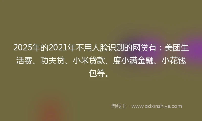 2025年的2021年不用人脸识别的网贷有：美团生活费、功夫贷、小米贷款、度小满金融、小花钱包等。