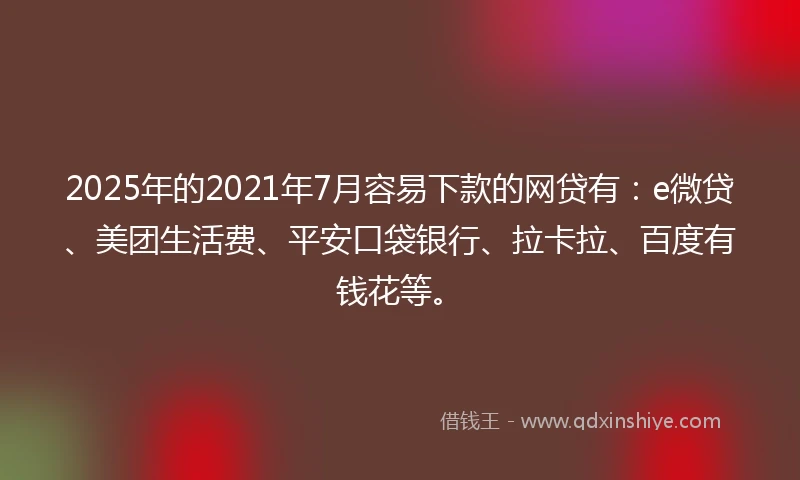 2025年的2021年7月容易下款的网贷有：e微贷、美团生活费、平安口袋银行、拉卡拉、百度有钱花等。