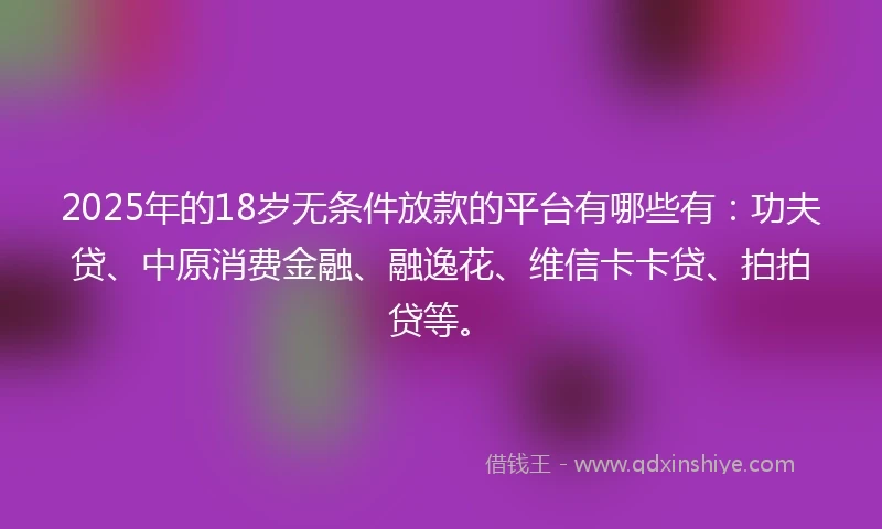 2025年的18岁无条件放款的平台有哪些有：功夫贷、中原消费金融、融逸花、维信卡卡贷、拍拍贷等。