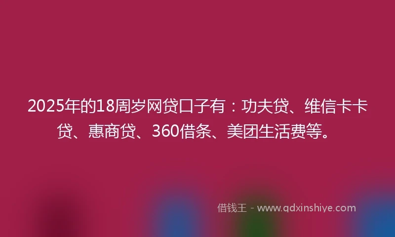 2025年的18周岁网贷口子有：功夫贷、维信卡卡贷、惠商贷、360借条、美团生活费等。