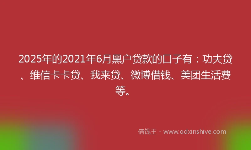 2025年的2021年6月黑户贷款的口子有：功夫贷、维信卡卡贷、我来贷、微博借钱、美团生活费等。
