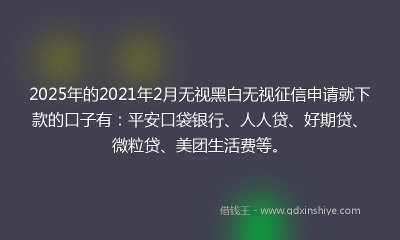 2025年的2021年2月无视黑白无视征信申请就下款的口子有：平安口袋银行、人人贷、好期贷、微粒贷、美团生活费等。