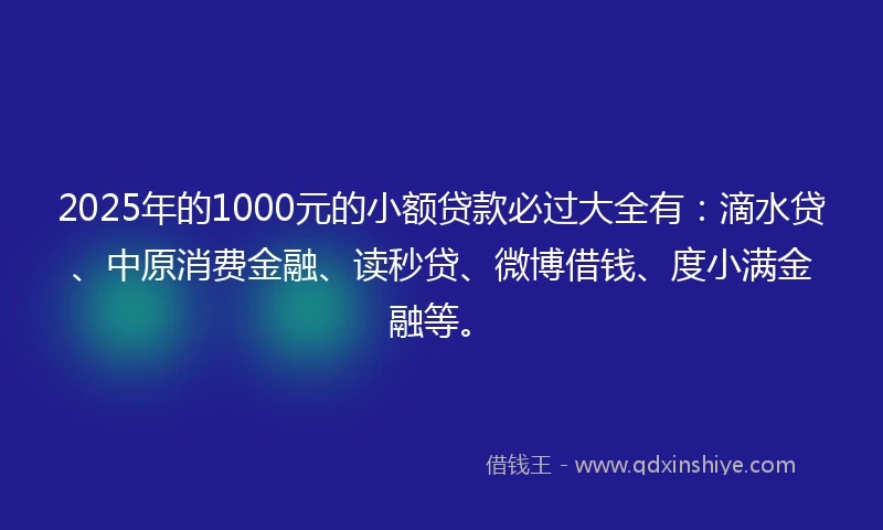 2025年的1000元的小额贷款必过大全有：滴水贷、中原消费金融、读秒贷、微博借钱、度小满金融等。
