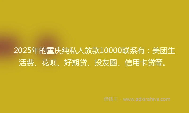 2025年的重庆纯私人放款10000联系有：美团生活费、花呗、好期贷、投友圈、信用卡贷等。