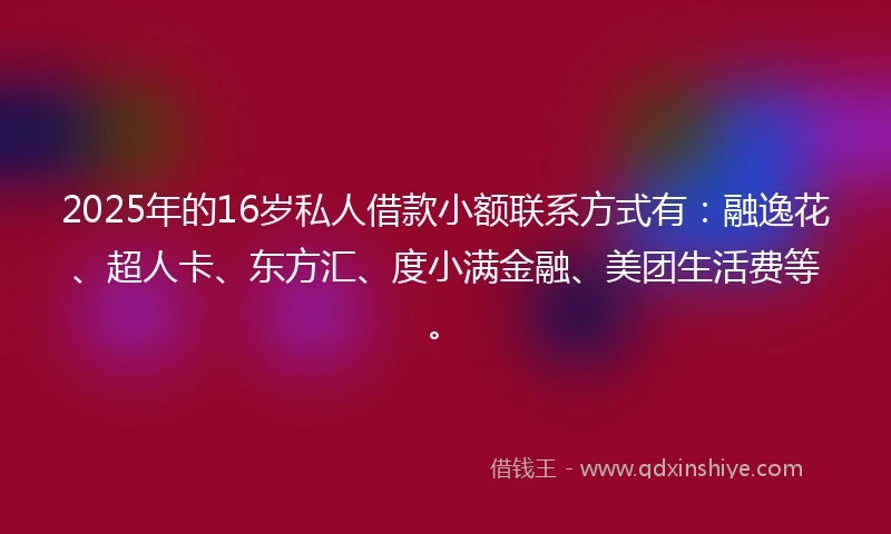 2025年的16岁私人借款小额联系方式有：融逸花、超人卡、东方汇、度小满金融、美团生活费等。