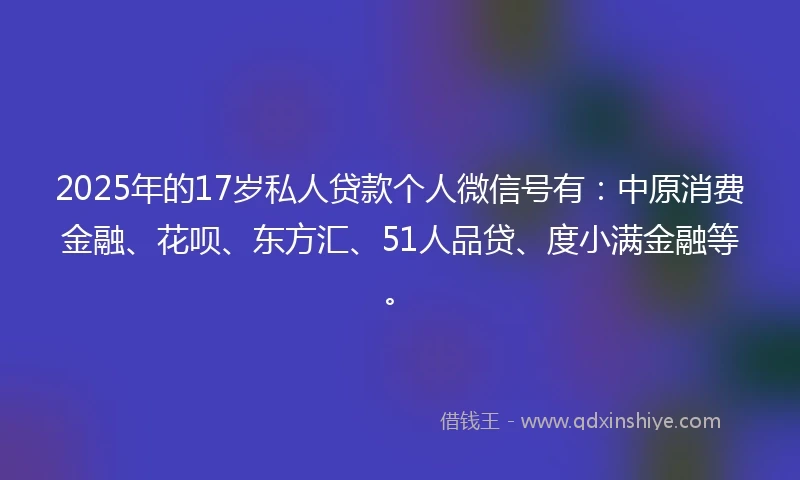 2025年的17岁私人贷款个人微信号有：中原消费金融、花呗、东方汇、51人品贷、度小满金融等。