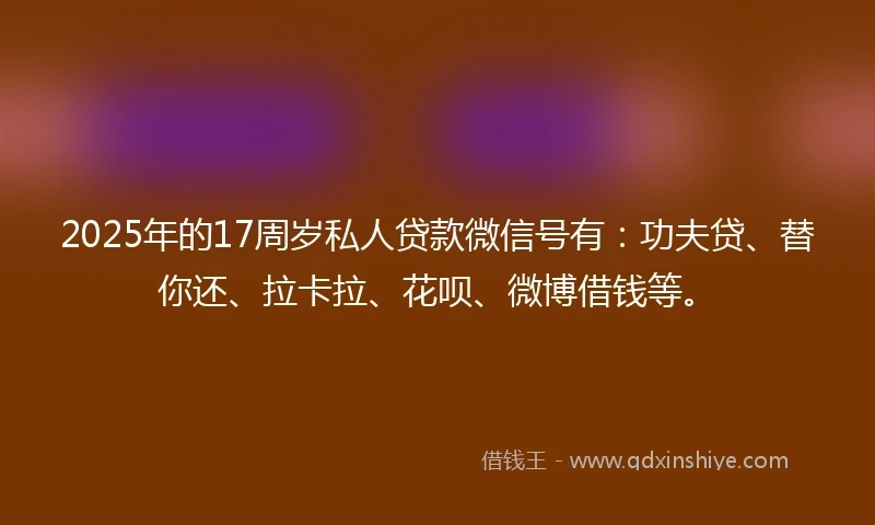 2025年的17周岁私人贷款微信号有：功夫贷、替你还、拉卡拉、花呗、微博借钱等。