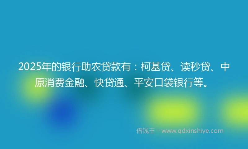 2025年的银行助农贷款有：柯基贷、读秒贷、中原消费金融、快贷通、平安口袋银行等。